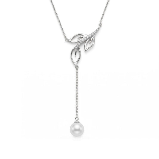 45410 - 14K White Gold - White Akoya Pearl Maile "Y" Necklace with Diamonds, 7mm