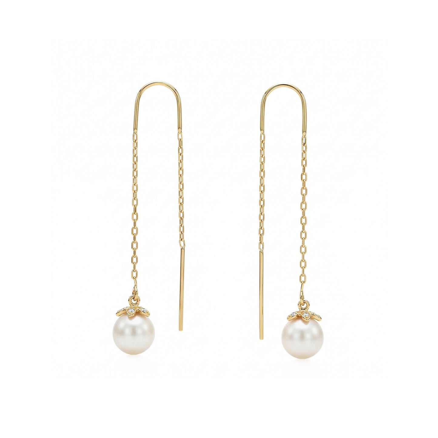 Yellow gold threader earrings with white akoya pearl and diamond set flower end caps. Item No. 45423