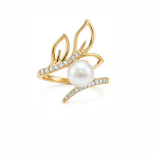 45419 - 14K Yellow Gold - White Akoya Pearl Maile Ring with Diamonds, Size 7