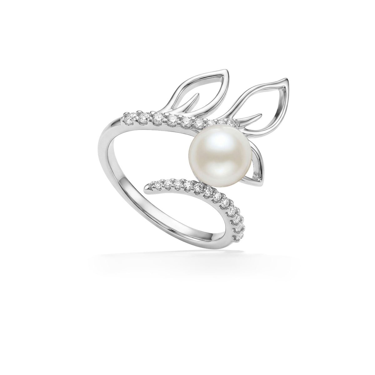 White Gold open maile leaf-inspired, bypass style ring with a white Akoya pearl center and side diamonds. Item No. 45420