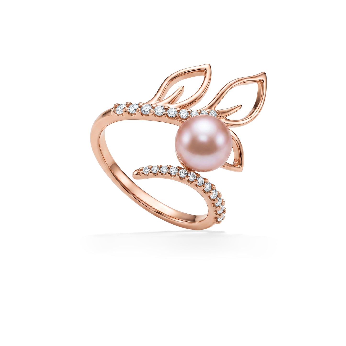 14K rose gold maile leaf ring with pink freshwater pearl center and diamond accents. Item No. 45421
