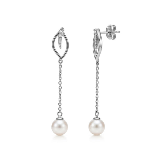 Open Maile leaf drop earrings in 14k white gold with diamond accents and a white akoya pearl drop. Item No. 45417