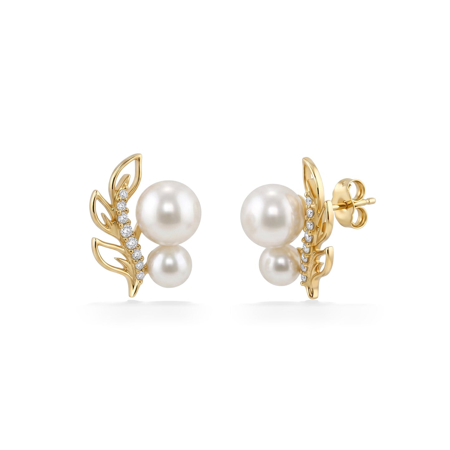 Side view of 14k yellow gold open maile leaf stud earrings with white Akoya pearls and diamonds. Item No. 45434