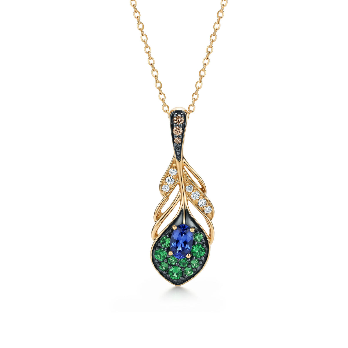 14k Gold, Emerald, diamond and Sapphire peacock feather pendant. Item No. 774608