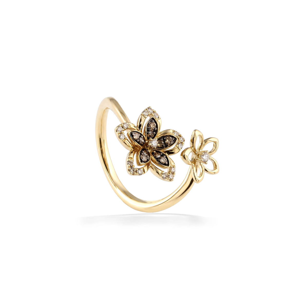 Bypass ring with a brown and beige diamond filled flower and an all yellow gold and center diamond flower. Item No. 774612