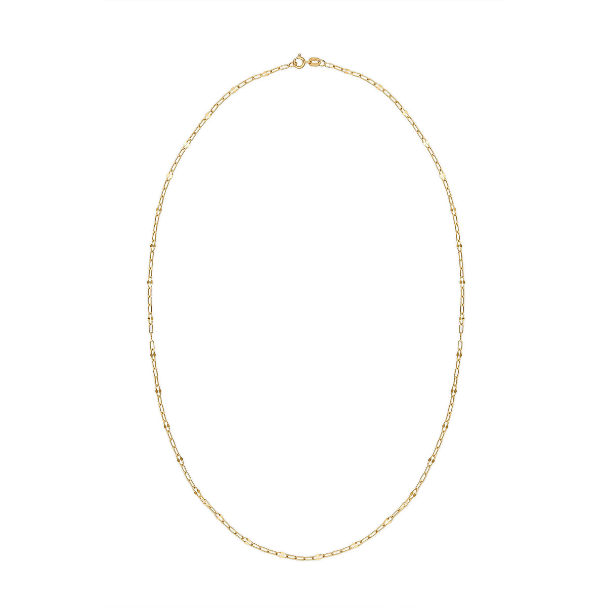 14k yellow gold mirror flat link paperclip chain necklace in full view. Item No. 774682