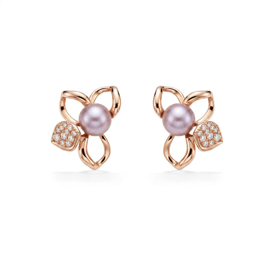 Front view of 14k rose gold plumeria flower outline earrings with diamonds on a petal and pink pearls in center. Item No. 45490