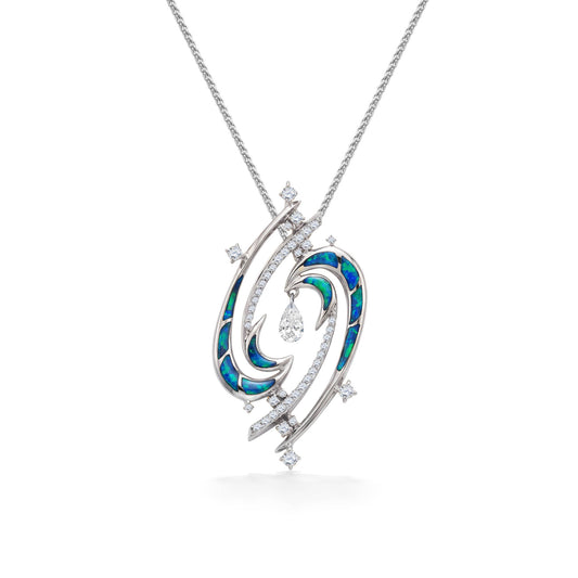 14k white gold laniakea pendant with opal inlay and diamond star shaped accents. Item No. 45492