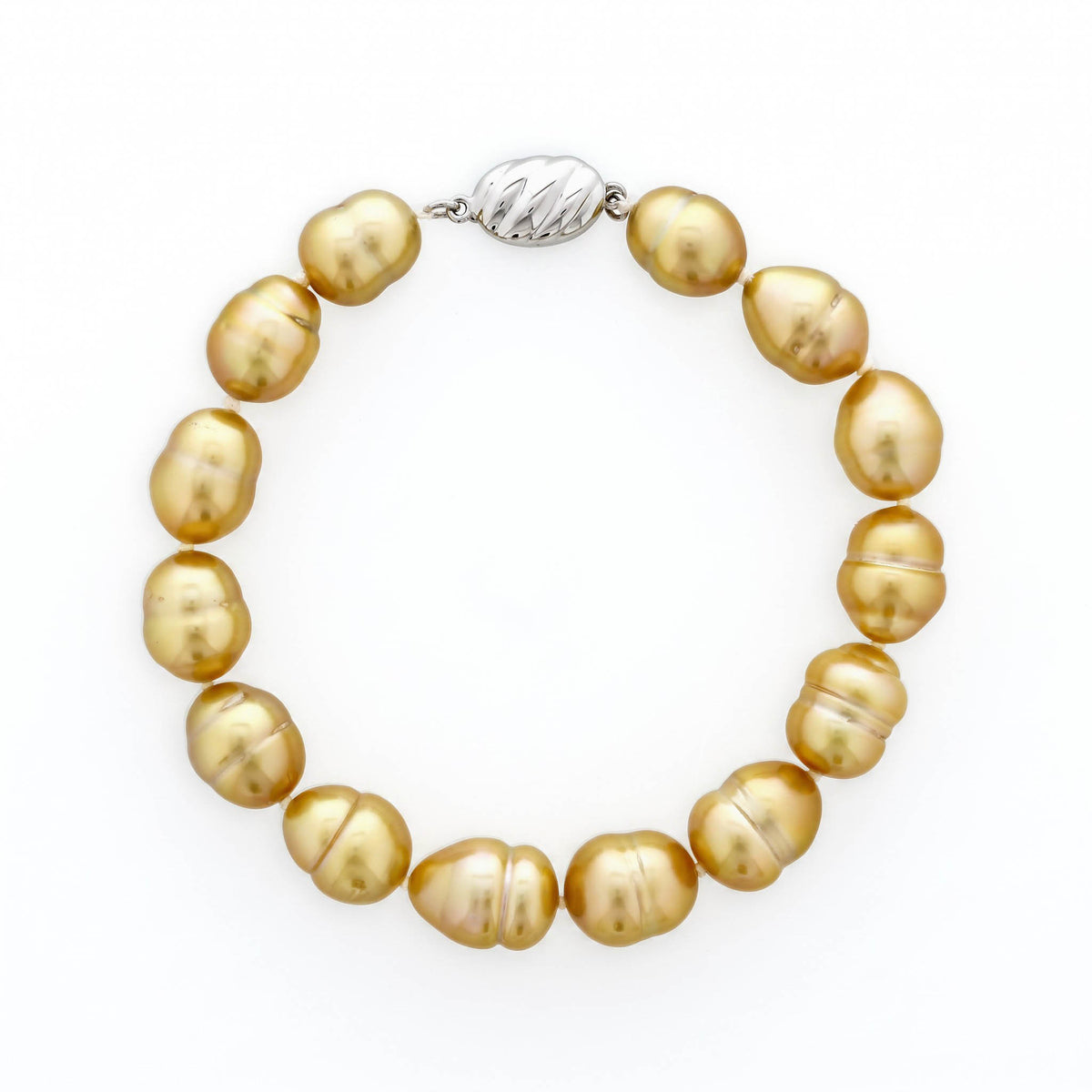 Gold south sea baroque pearl bracelet with sterling silver clasp. Item No. 224589