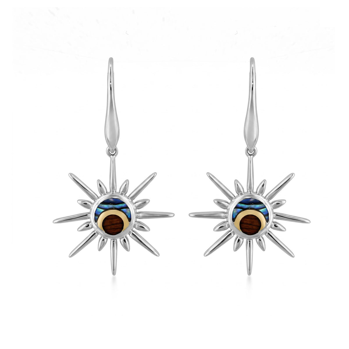 Front face Sterling silver sun shaped leverback earrings with 18k gold, abalone, and koa wood inside. Item No. 45502