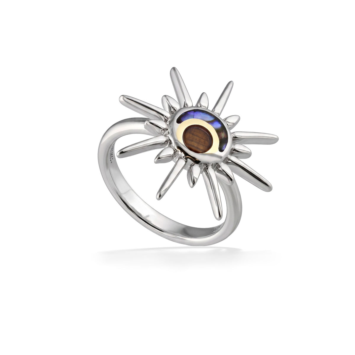 Sterling silver sun ring with 18K yellow gold, abalone, and koa wood accent inside. Item No. 45505