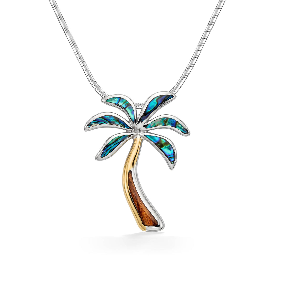Sterling silver palm tree pendant with abalone leaves and 18K gold mixed with koa wood as the stem. Item No. 45506