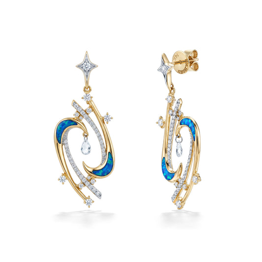 angled view of 14k yellow gold laniakea celestial dangle earrings with opal inlay and diamond accents. Item No. 45512