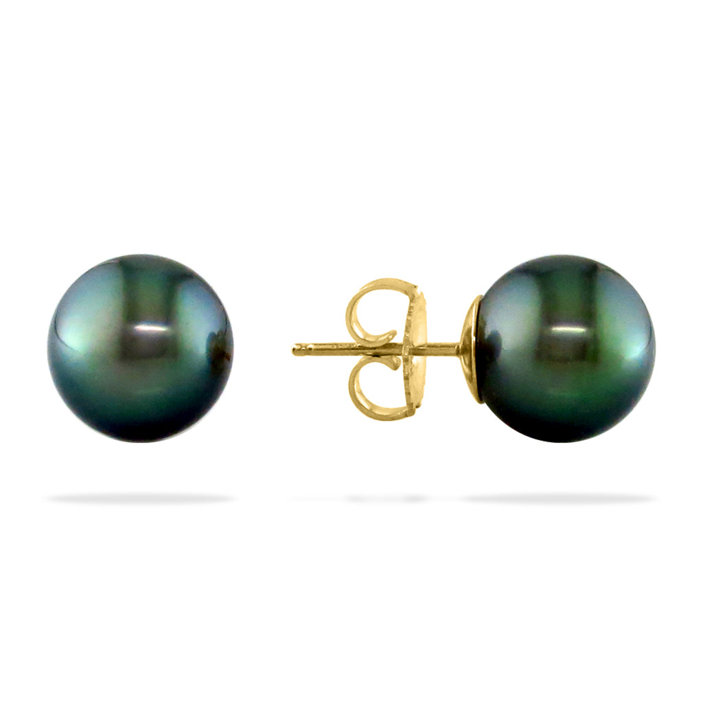 Round 10mm tahitian pearl stud earrings set on simple 14k yellow gold posts with a smooth, polished finish. Item No. 12243