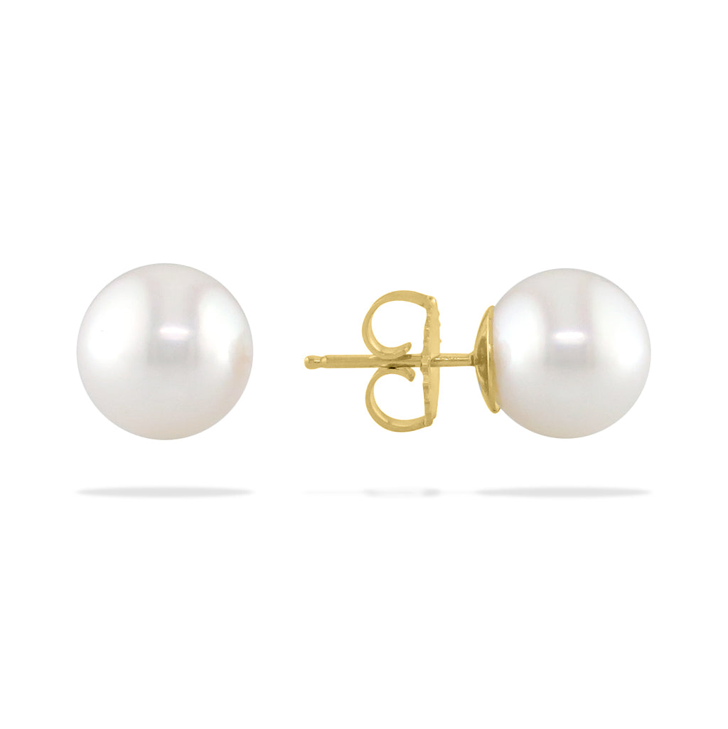 Classic 14K yellow gold stud earrings featuring luminous 9mm White South Sea pearls with secure post backs. Item No. 12301