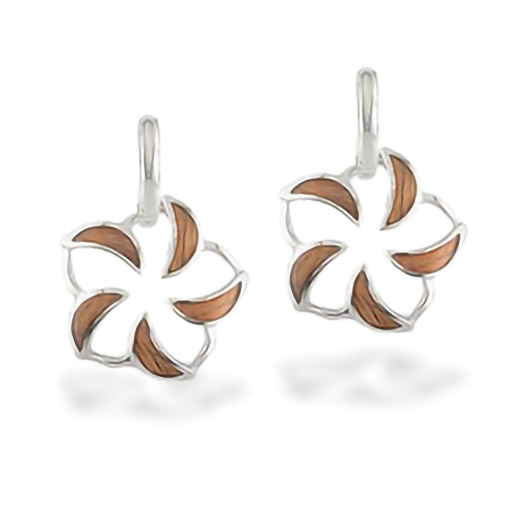 Sterling silver plumeria-shaped earrings with curved wood inlays and open petal design. Item No. 766668