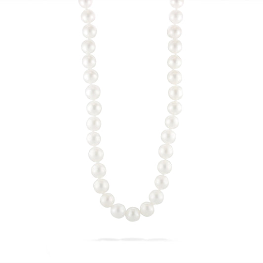 Freshwater pearl choker with 7.5mm white pearls and 14K yellow gold clasp measuring 18 inches long. Item No. 766918