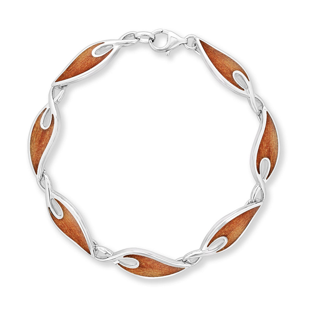 Polished sterling silver maile leaf bracelet with warm koa wood inlay, linked in a flowing 7.5" design. Item No. 767209