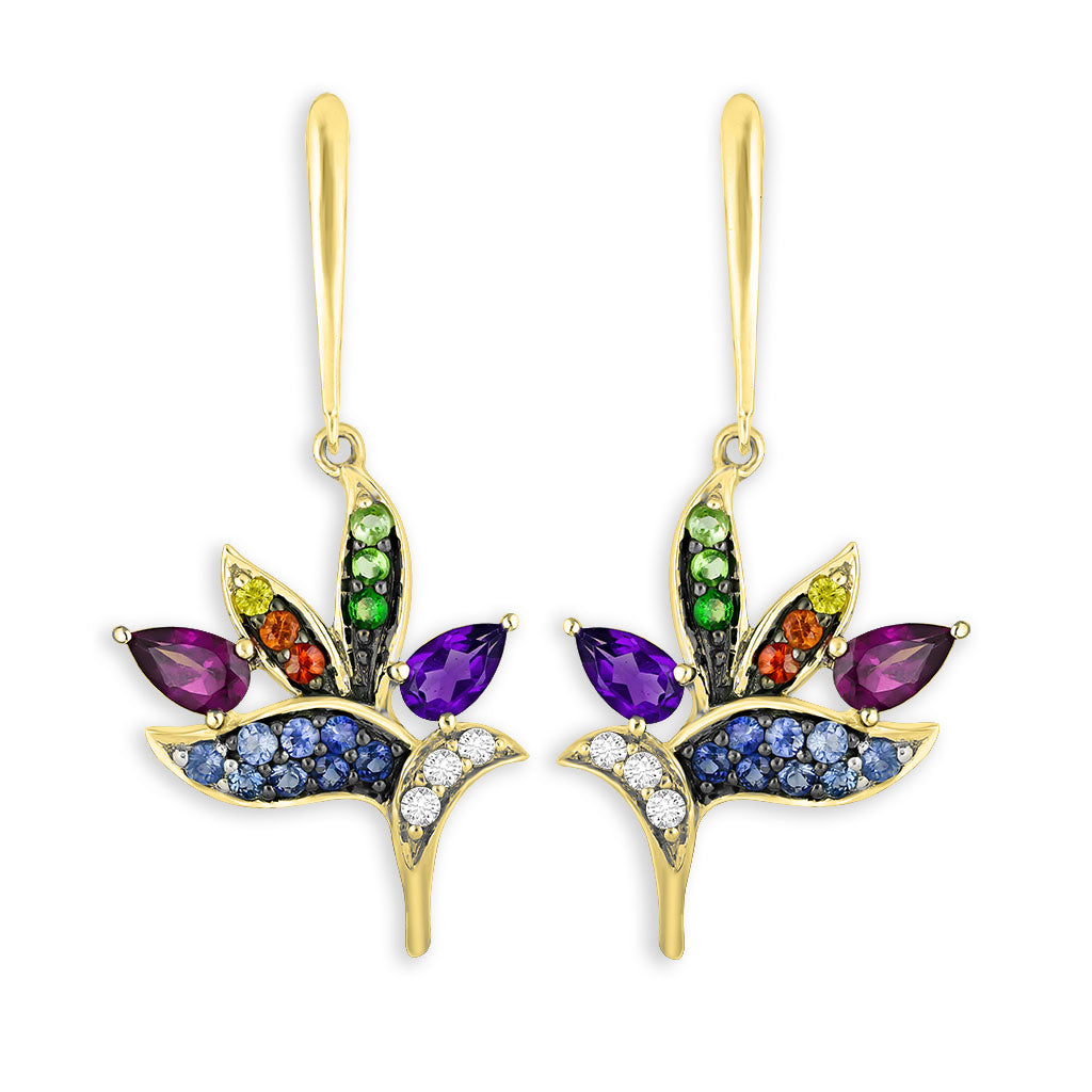 Yellow gold earrings with multicolored gemstones in a tropical bird of paradise floral design. Item No. 767281