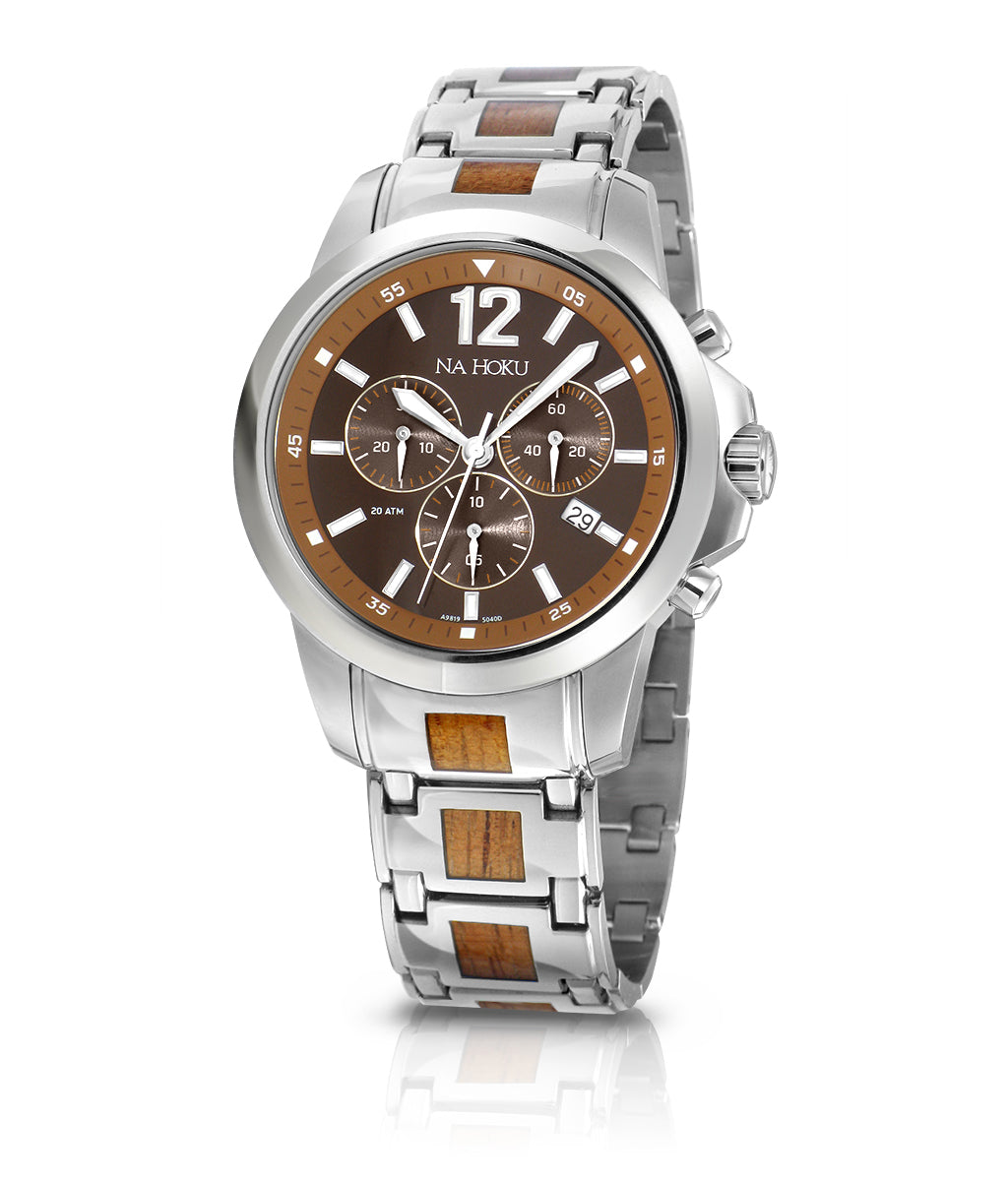 Men’s chronograph watch featuring a brown dial, date display & stainless steel bracelet inlaid with koa wood. Item No. 767420