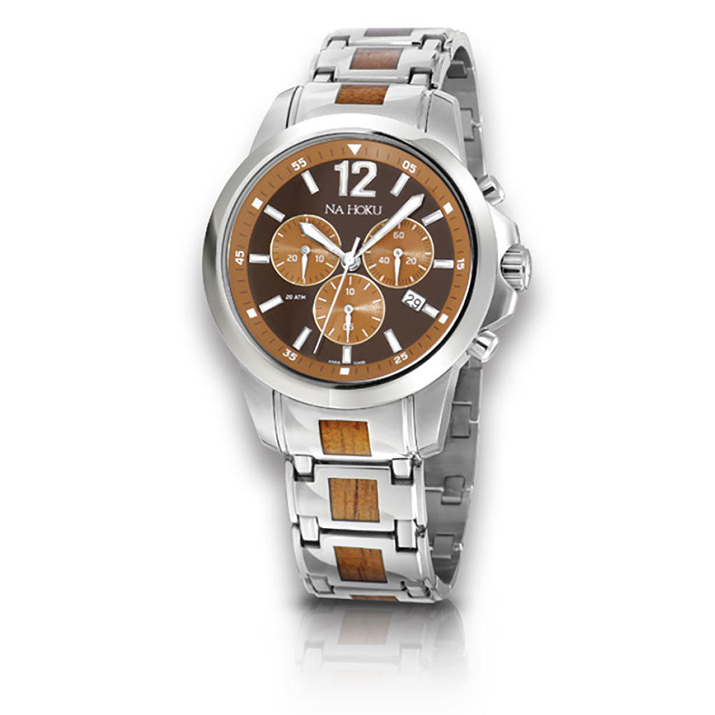 Stainless steel chronograph watch with two-tone brown dial, luminous hands & Hawaiian Koa wood inlay in band. Item No. 767421