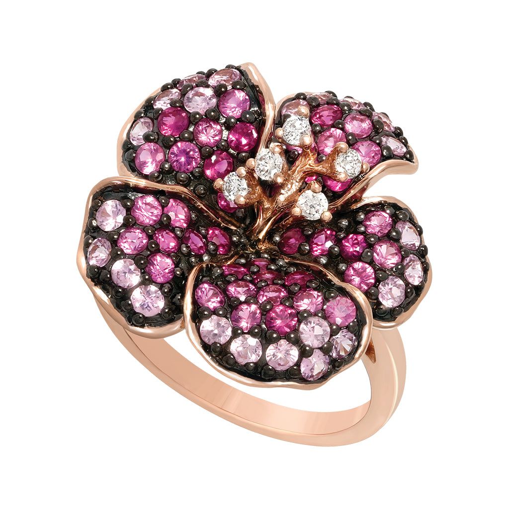 14K rose gold hibiscus ring with pink Sapphire petals and Diamonds accents from Le Vian Aloha Collection. Item No. 767547