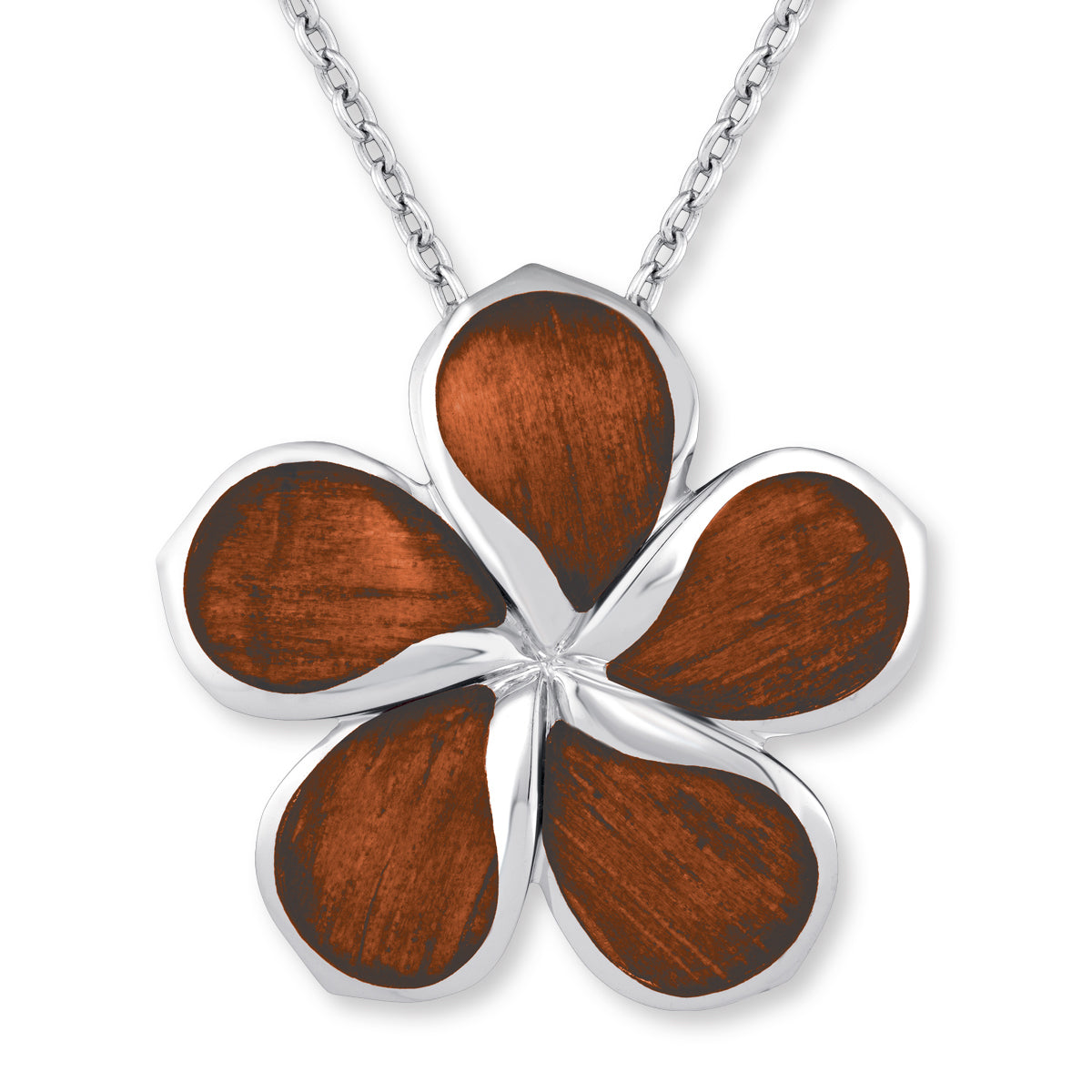 Solid plumeria flower with koa wood inlay petals set in sterling silver on a sterling silver dainty chain. Item No. 767783