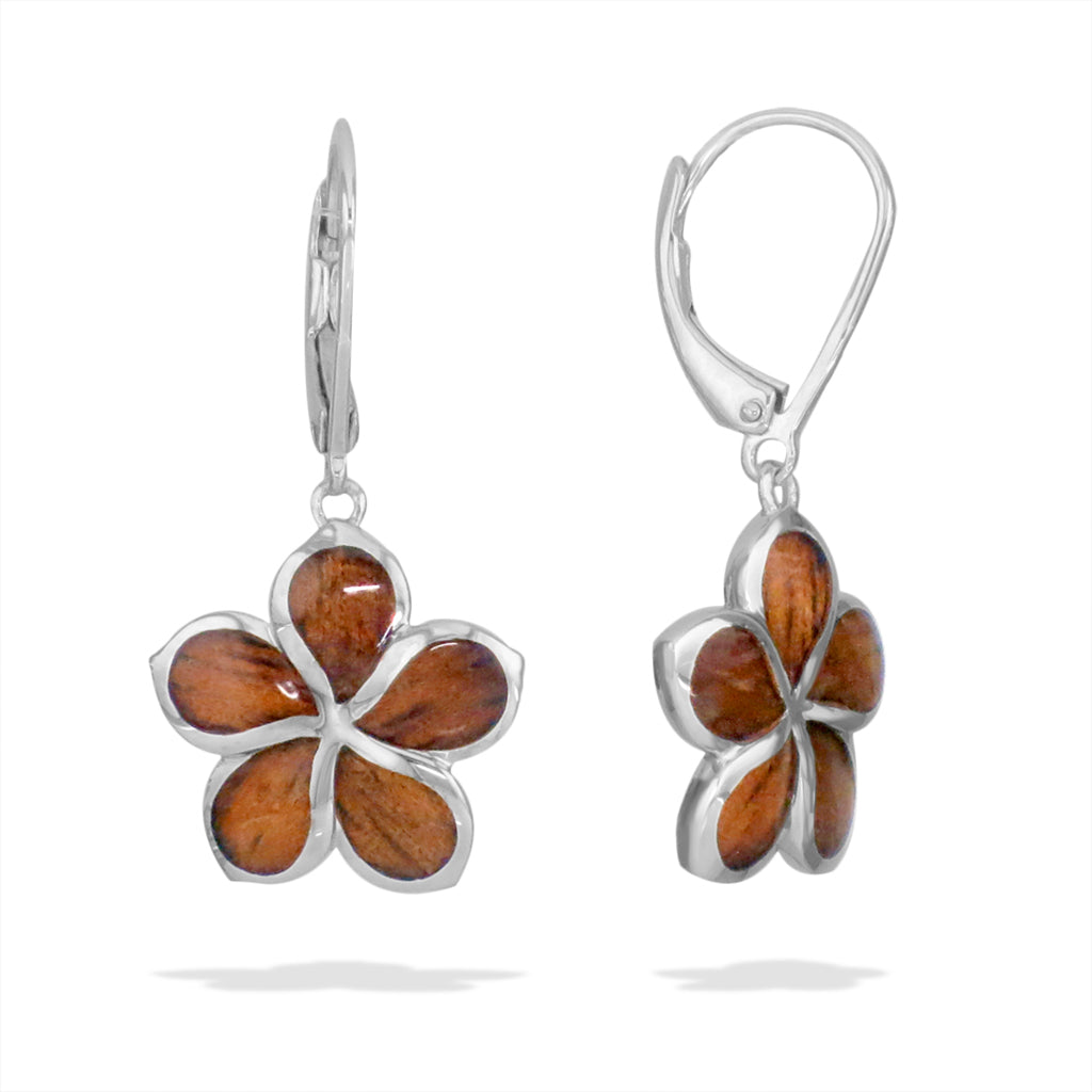 Front and side view of solid plumeria leverbacks with koa wood petals set in sterling silver. Item No. 768109
