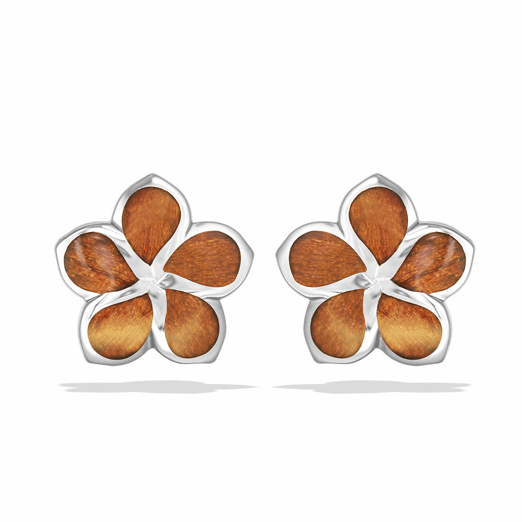 Front view of plumeria stud earrings made in sterling silver with koa wood inlay petals. Item No. 768468