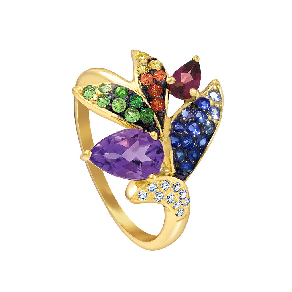 Yellow gold ring with multicolored gemstones in a Bird of Paradise design and diamond accents. Item No. 768591