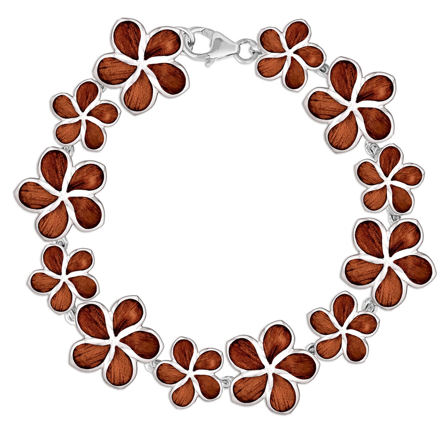 Sterling silver bracelet with alternating large and small koa wood inlay plumeria flower links. Item No. 768612