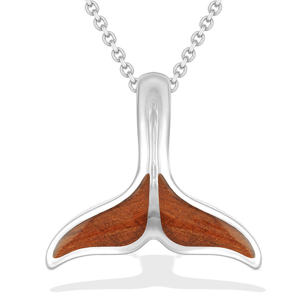 Sterling silver necklace, whale tail shaped pendant with koa wood inlay on an 18-inch chain. Item No. 768659