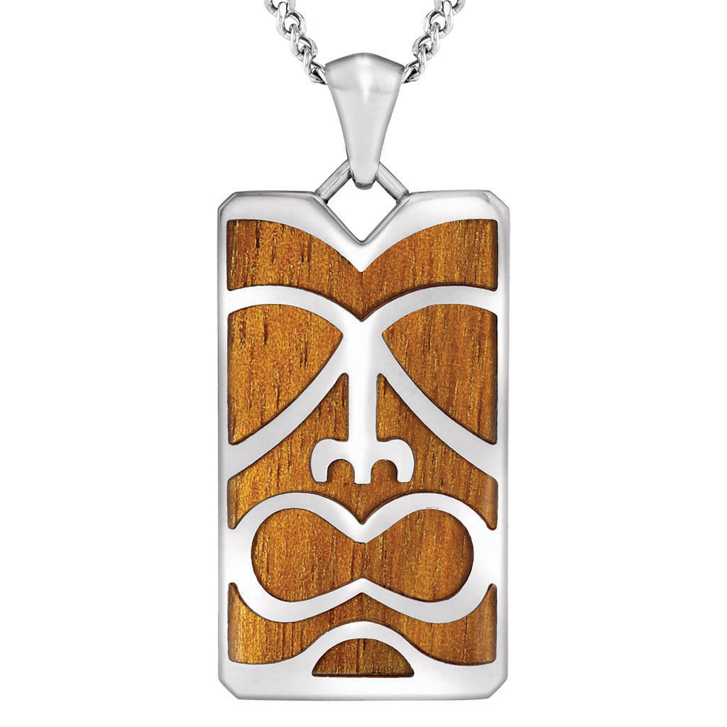 Stainless steel tiki inspired necklace with koa wood inlay on a 24-inch chain from Na Hoku. Item No. 768676