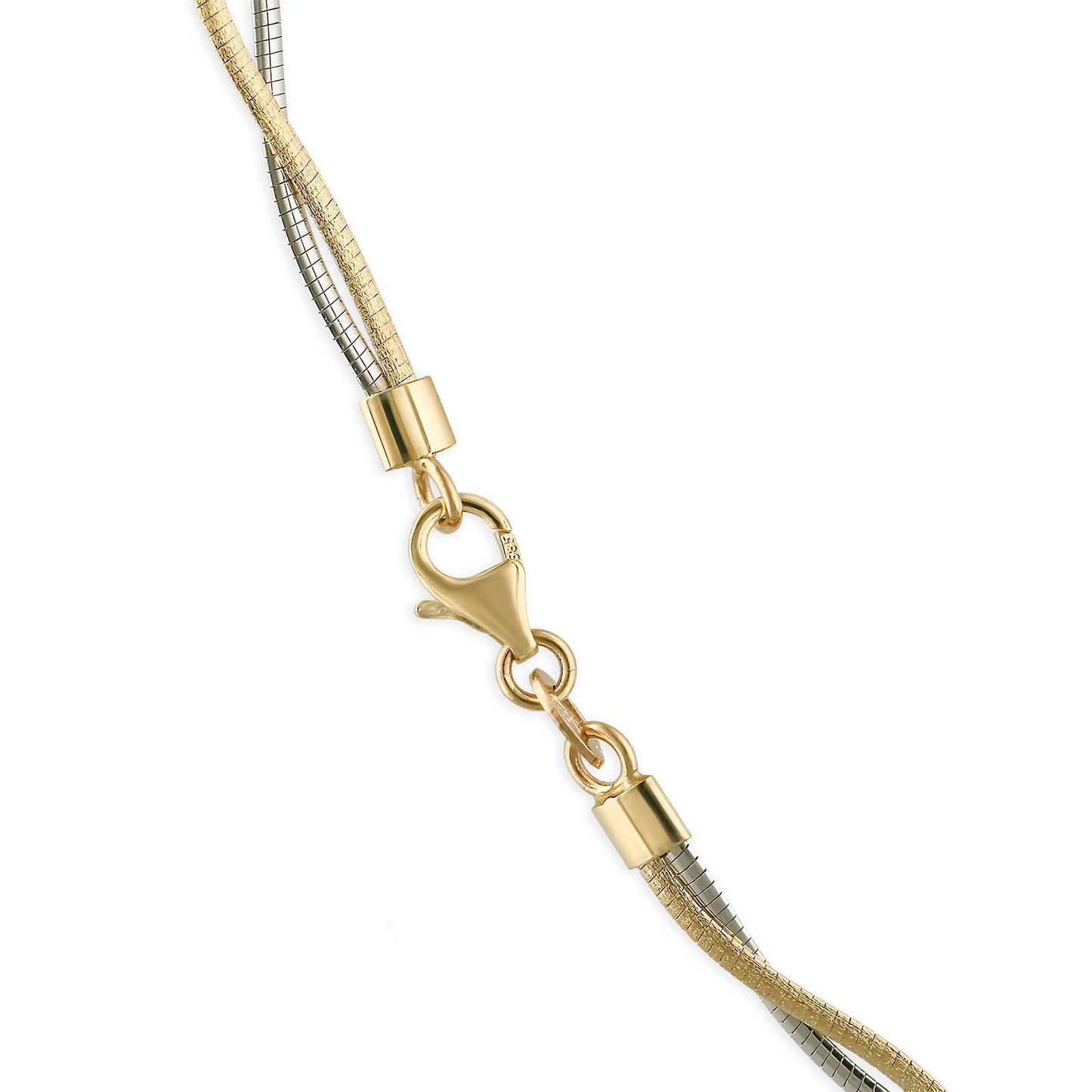 Detailed clasp view of yellow & white gold omega necklace, showing lobster clasp & dual-tone chain connection. Item No 762182