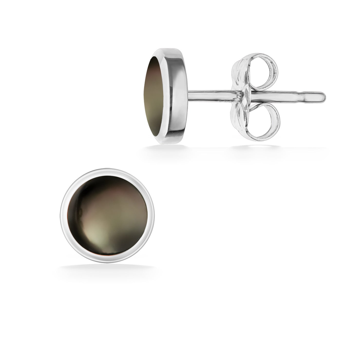 Side and front views of the 14k white gold stud earrings featuring smooth tahitian mother of pearl inlay. Item No. 761814
