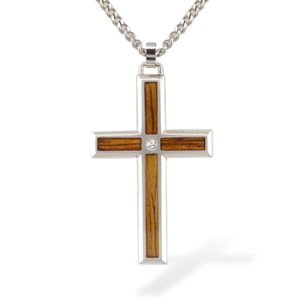 Large stainless steel wood cross necklace with koa wood inlay and small diamond on a 24-inch chain. Item No. 763311