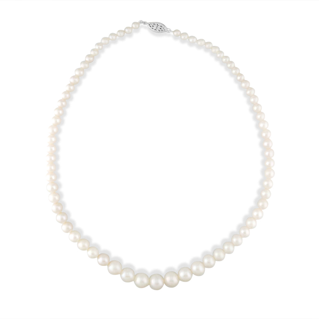 Graduated pearl necklace with 4-9mm white freshwater pearls and sterling silver clasp, 16-inch long. Item No. 764531