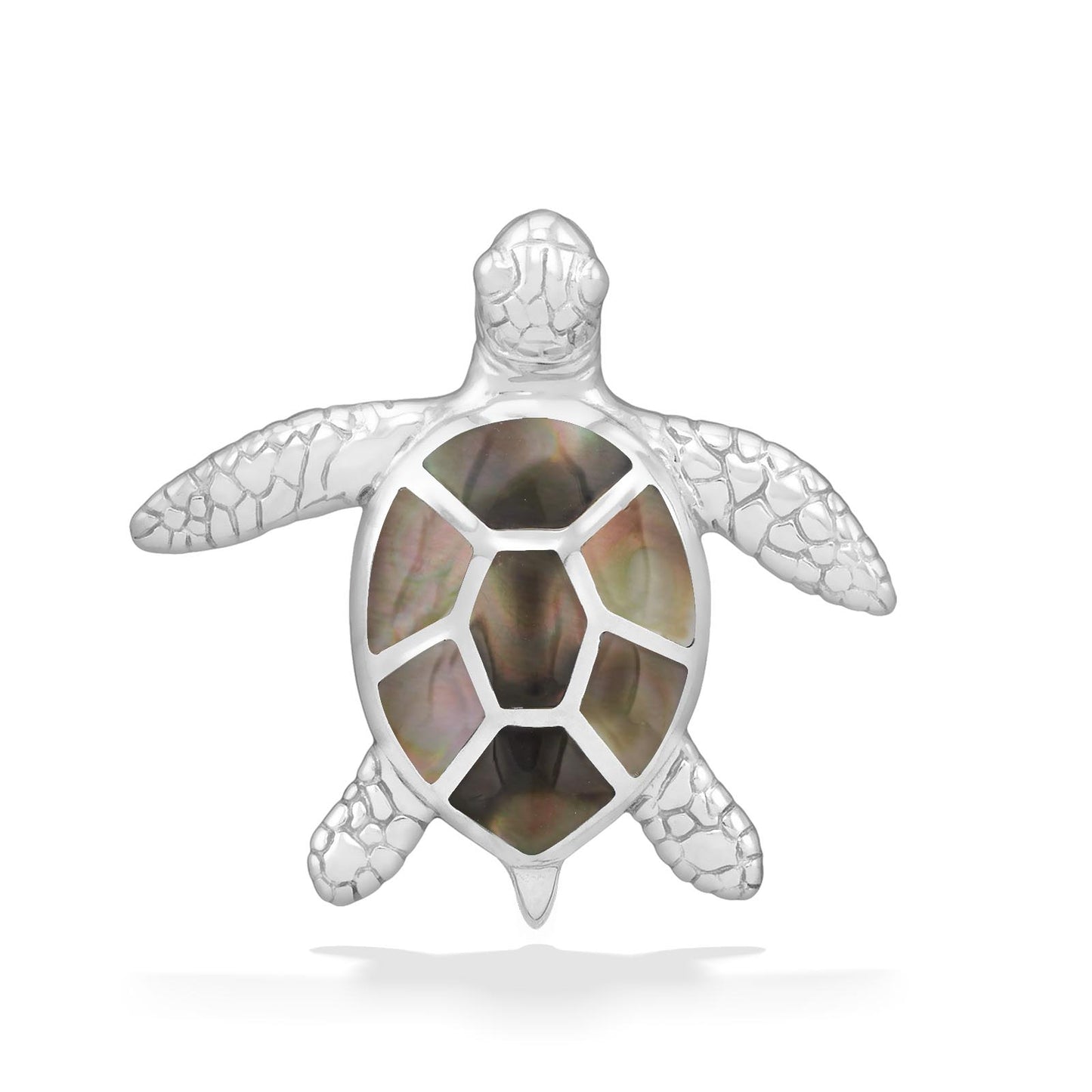 Detailed 14k white gold sea turtle pendant featuring a tahitian mother of pearl inlay shell. Item No. 863319