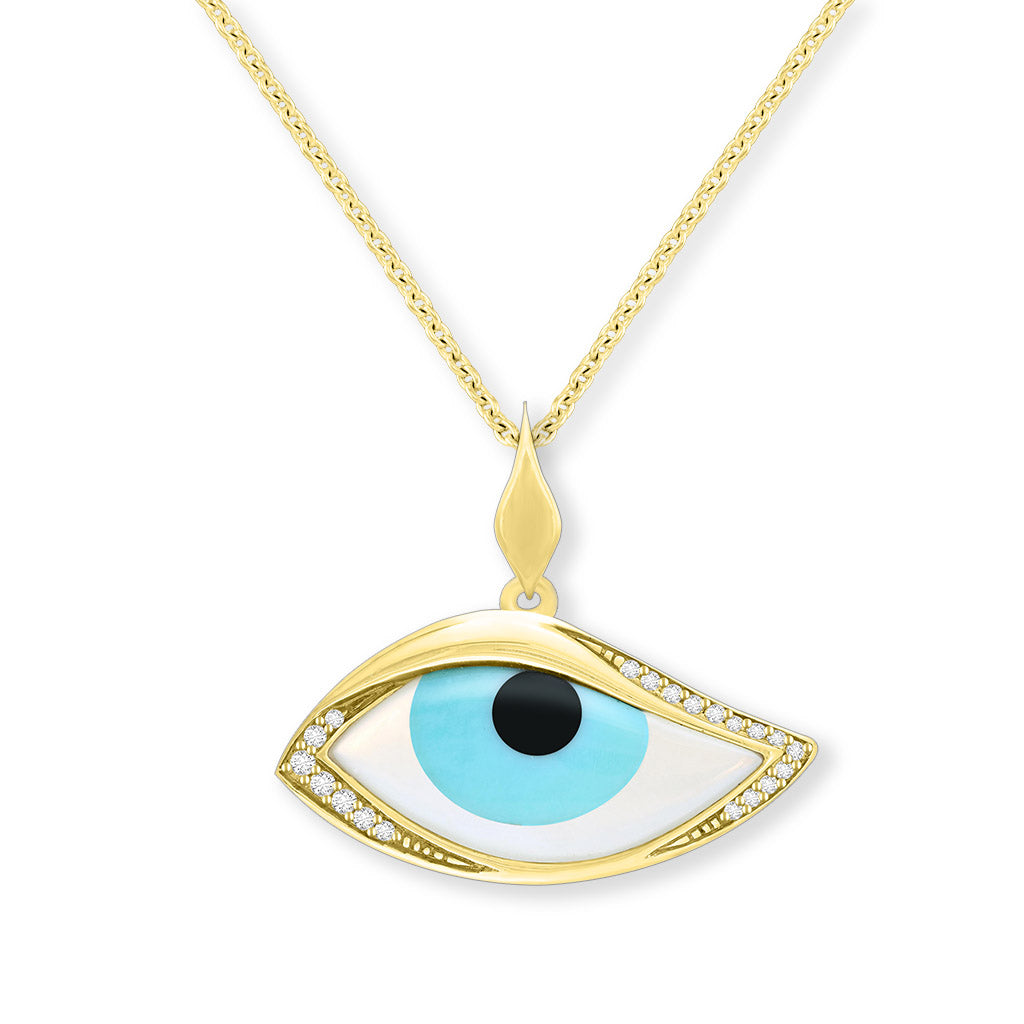 Mati eye pendant with onyx pupil, turquoise iris & mother of pearl white part of the eye & diamond accent. Item No. 882097