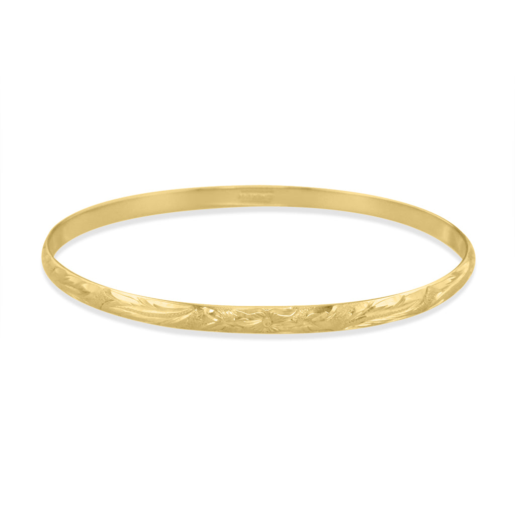 Yellow gold 4mm Hawaiian Heirloom bangle with engraved plumeria scroll design around the bracelet. Item No. 72690
