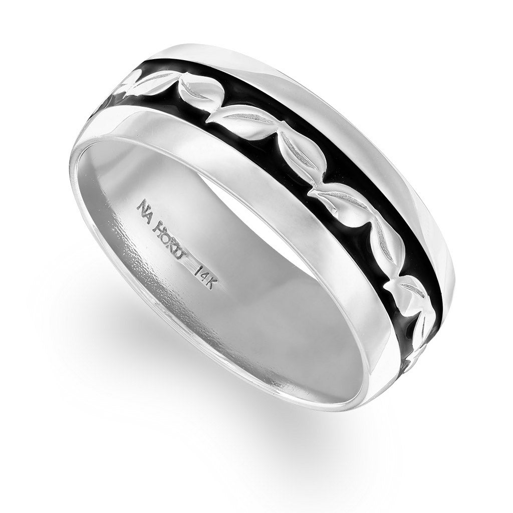 Contemporary 14K white gold maile leaf band with black enamel center, 8mm width, striking contrast. Item No. 40477