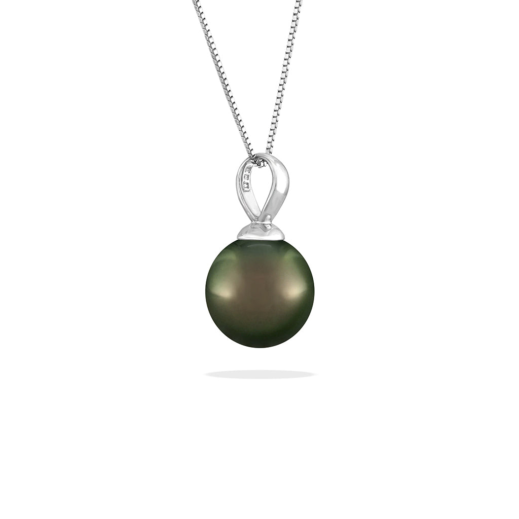 Classic white gold pearl pendant necklace with a lustrous 9mm Tahitian pearl; side profile showing bail. Item No. 40498