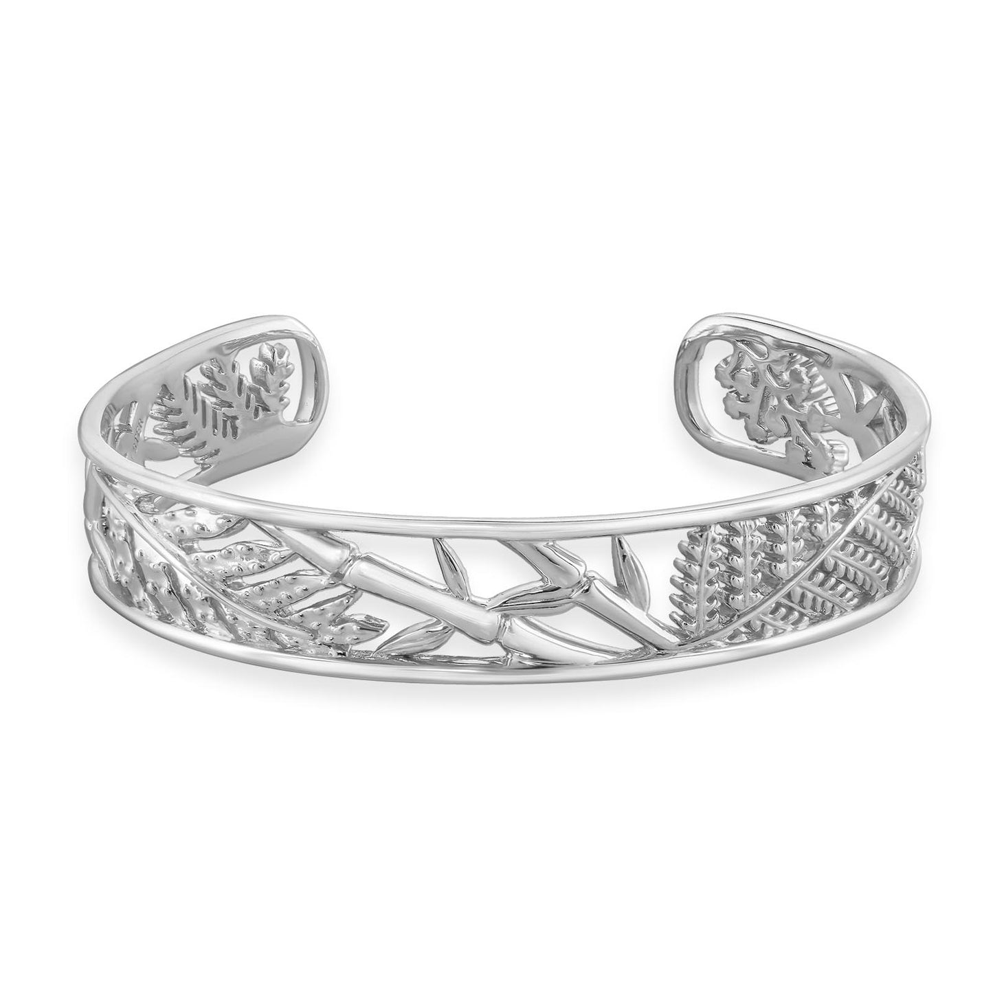 Sterling silver cuff bracelet with engraved tropical foliage featuring leaf & bamboo-inspired openwork design. Item No. 40525