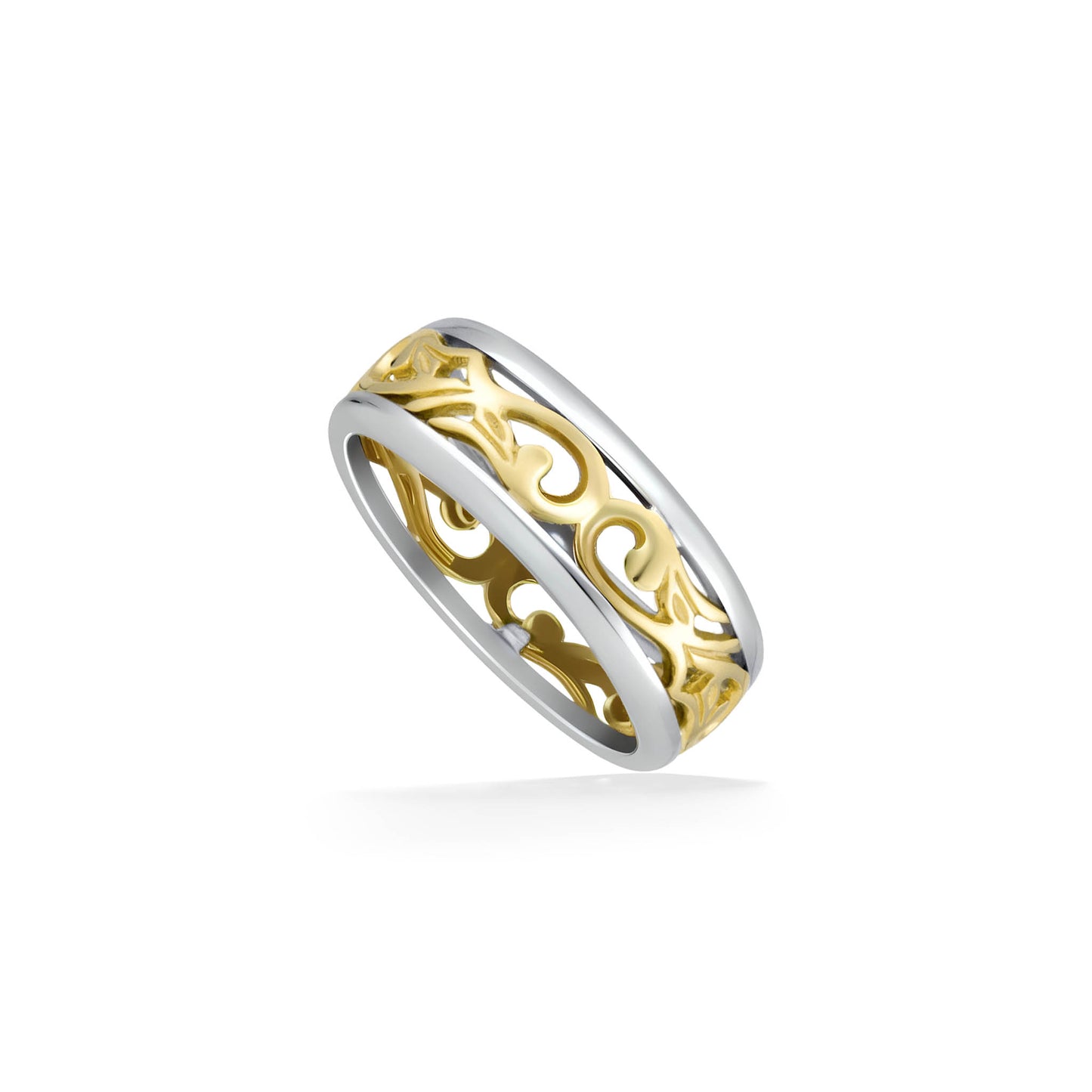 Tilted profile of a 14K white & yellow gold Nalani diamond ring with layered metal design & engraved pattern. Item No. 61006