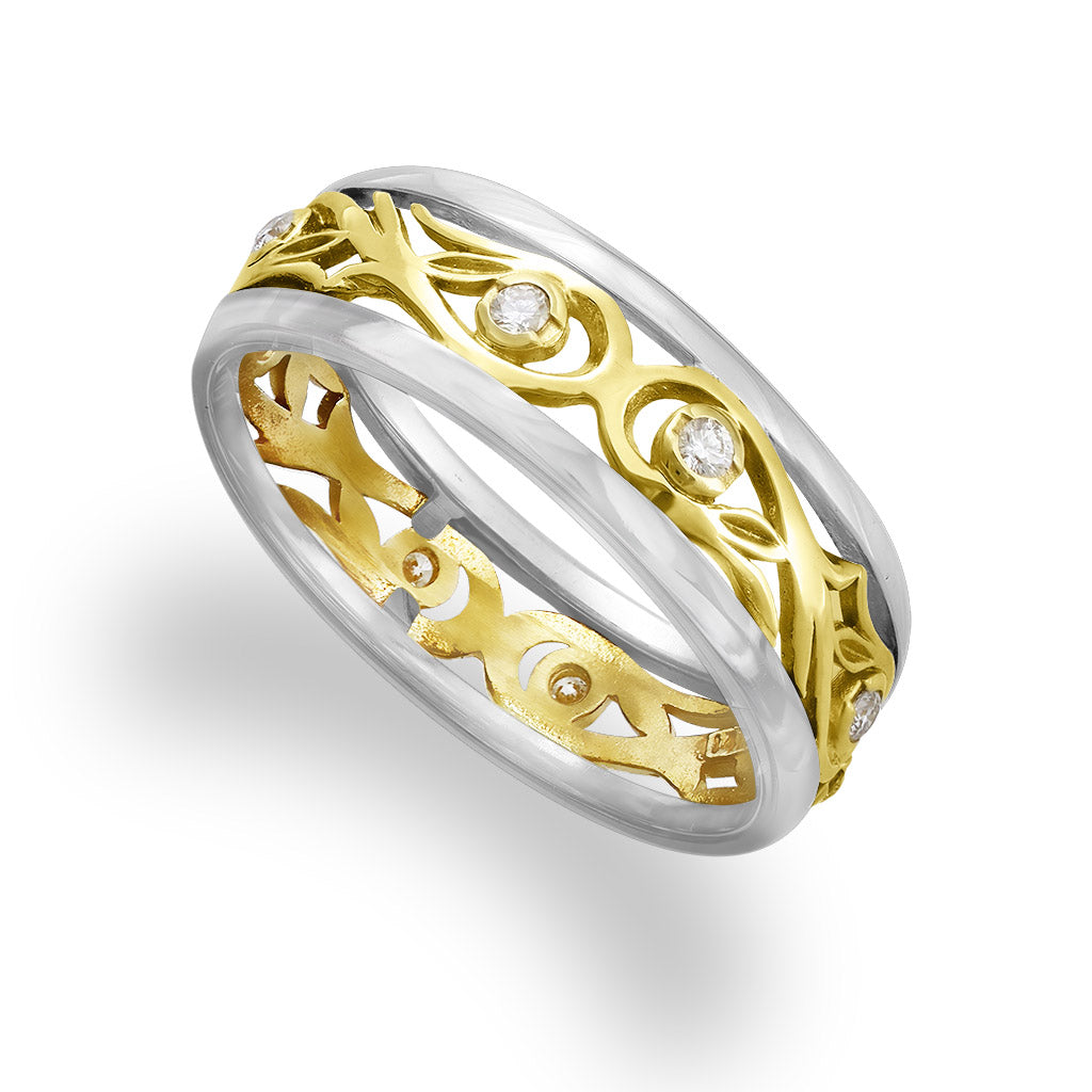 White and yellow gold Nalani filigree ring with bezel-set diamonds and openwork detailing. Item No. 61115