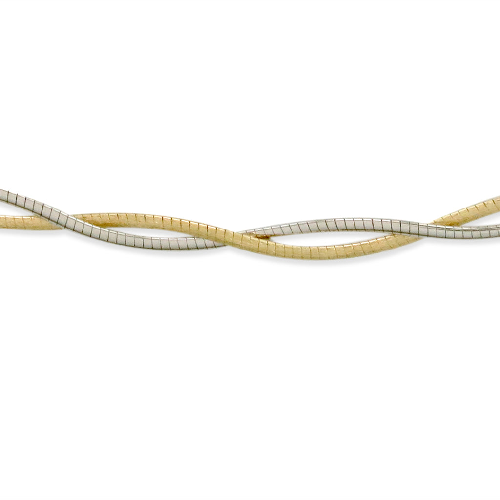 Close-up of intertwined yellow & white gold omega strands, highlighting the smooth & twisted textures. Item No. 700162