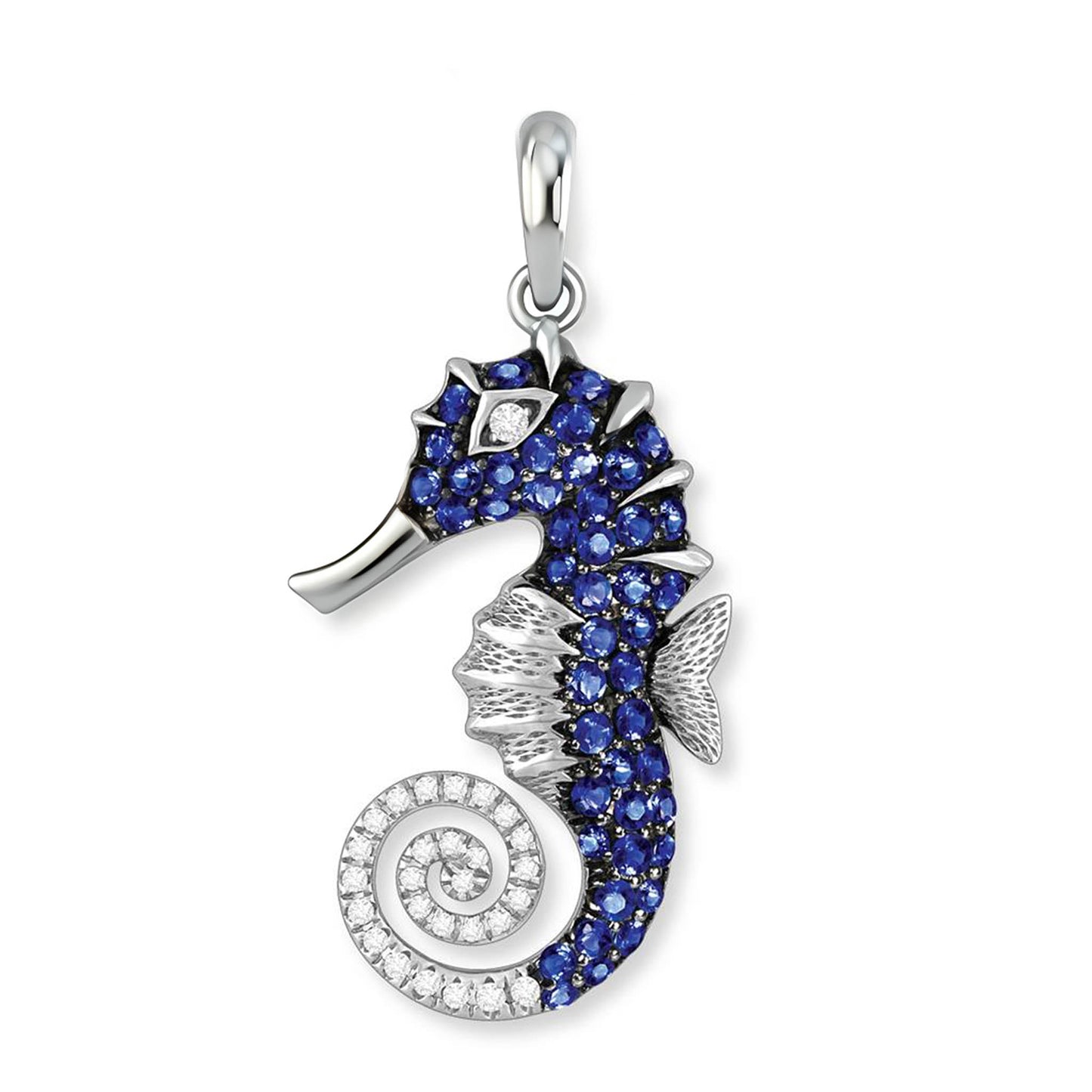 Seahorse pendant with pavé-set blue sapphires and white diamonds, set in 14k white gold. Item No. 700168