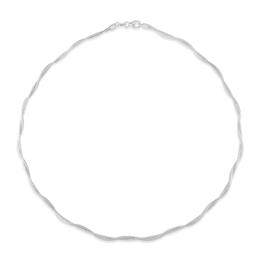 White gold twisted omega necklace with diamond-cut finish and flowing wave-like design. Item No. 700657