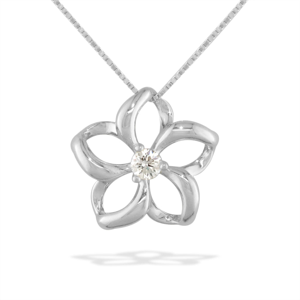 Modern flower outline of the plumeria silhouette in white gold, designed to highlight a diamond at its heart. Item No. 40034
