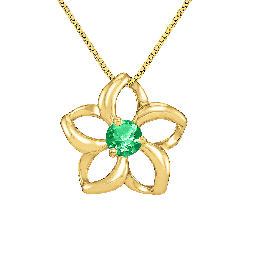 Floating Plumeria Pendant on chain with a 3mm Emerald center set in 14K Yellow Gold – Item No. 40035